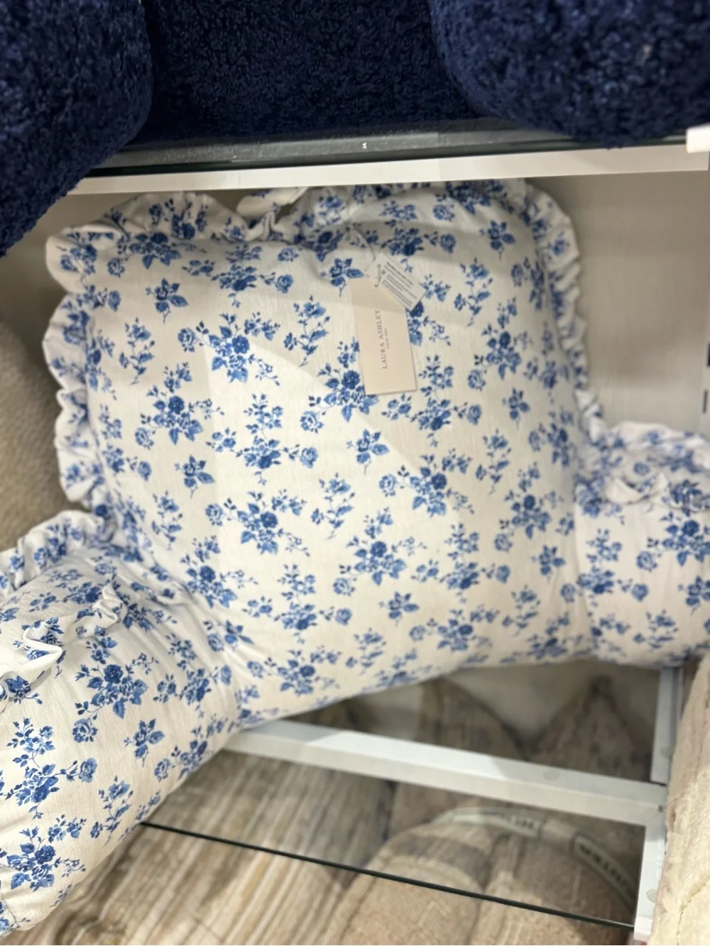 Laura Ashley Blue and White Floral Ruffle Accent Pillow
